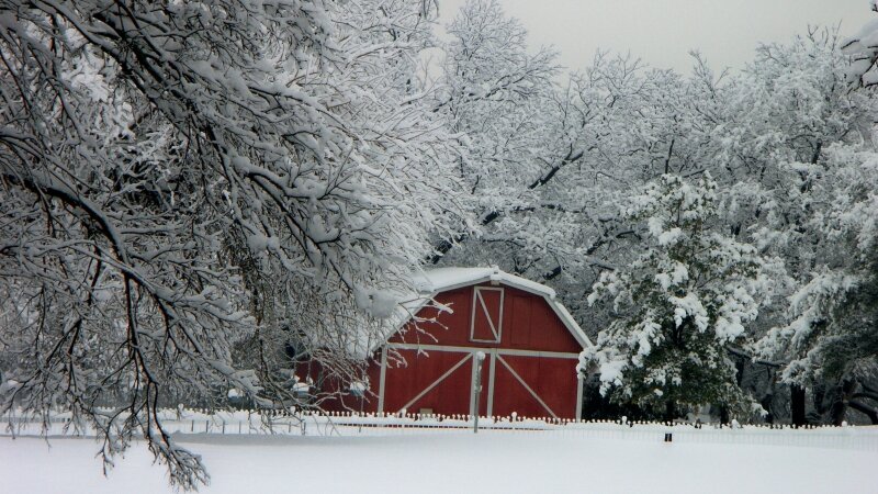 Snow Covered Red Barn