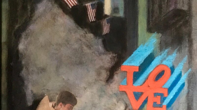 broad street with usa flags map love icon and two brothers 