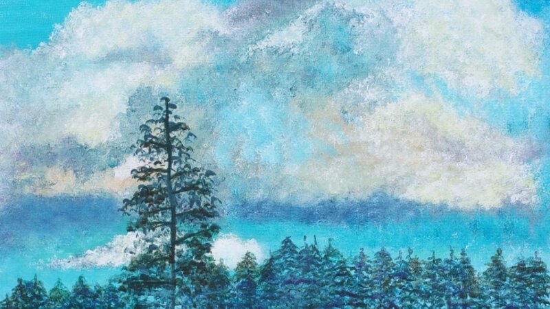 painting by Dawn Cooper, Moonscribe, landscape, California, blue, clouds, sky, trees, pine