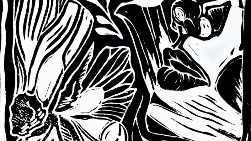 Black and white linoleum carving block print of florals