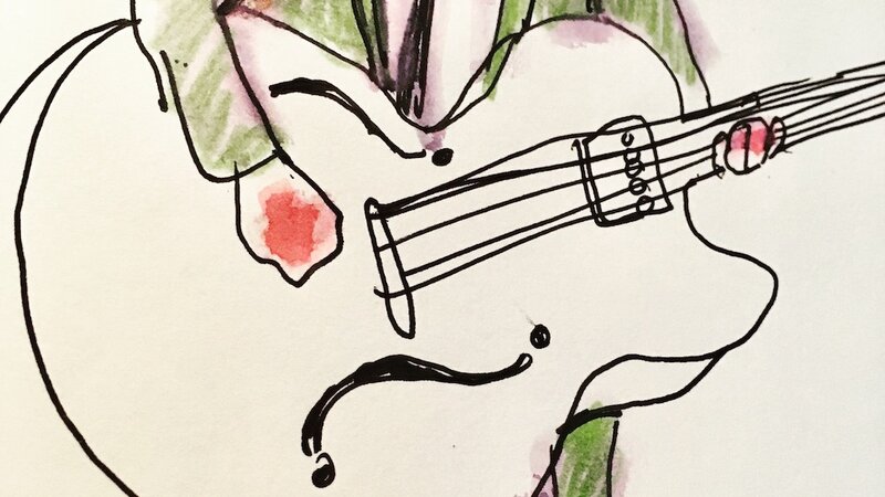 Cartoon in ink and colored pencil, 2024