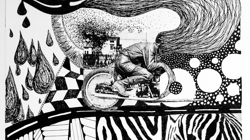 Abstract ink drawing of a man on a motorcycle in the center, a road running across the middle, a zebra’s face blending into a zebra pattern on the bottom right, a triangle striped pattern on the bottom left, teardrops dropping from a biting lip in the top left corner, and instead of a head, the motorcycle man looks like his head is a tornado that blends into the biting lip in the top left corner. 