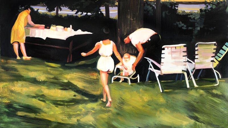 A family on their last picnic outing of the summer season. It's Labor Day. The mom is off to the left setting up food on a table while the dad is bending down tending to the baby in his carseat. A preteen girl has her back to the camera, dressed in all white, heading towards her mom. 