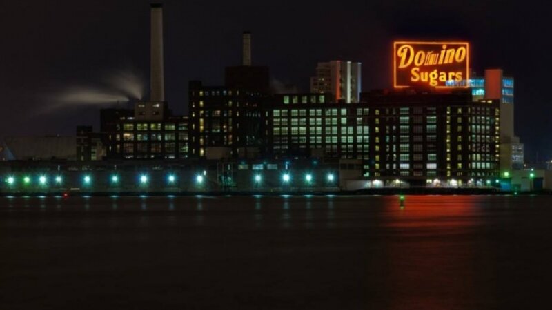 Dominos Sugar Factory Neon Sign at night