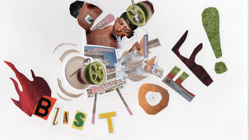 Collage with text reading "Blast Off," character made of city skyline, photo of boy, and stawberry matcha collaged above.
