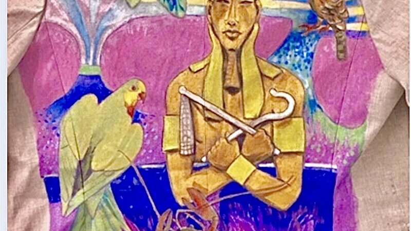 Pharaoh with Birds and Moth with a Stylized Rising Sun in Purples, Blue and Metallic Gold Acrylic Fabric Paint on a Blazer