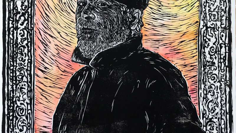 linoleum print of my father, hand out of the frame, in both worlds, calm and wise