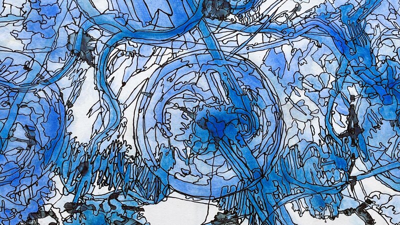 abstract watercolor with circles and lines in various shade of blue