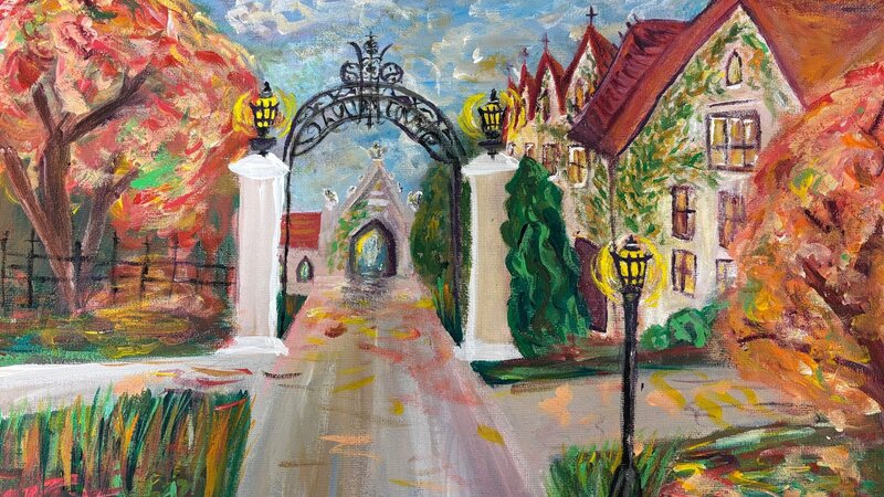 Acrylic Painting Cobb Gate at the University of Chicago in Fall 