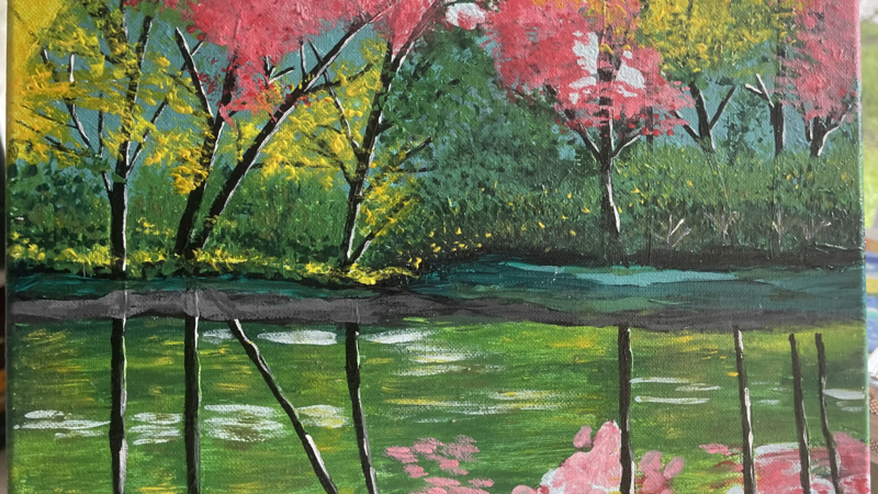 Painting of trees in fall by the river