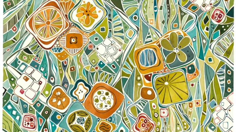 Watercolor painting of flowers in green, orange and turquoise fantasy.