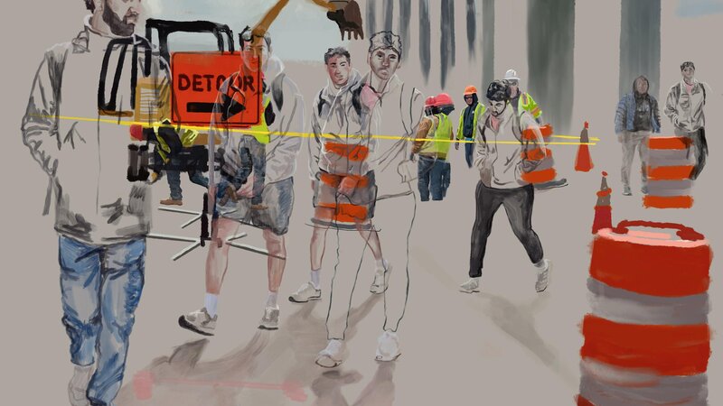 Digital painting of workmen and pedestrian 