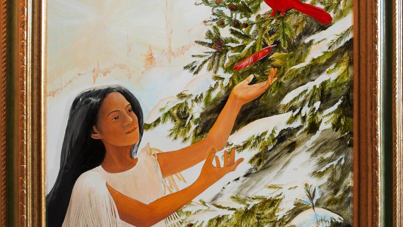Snow blankets everything on Midwinter's day - A cardinal drops a feather to Nina to wear in her hair