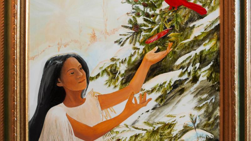 Snow blankets everything on Midwinter's day - A cardinal drops a feather to Nina to wear in her hair