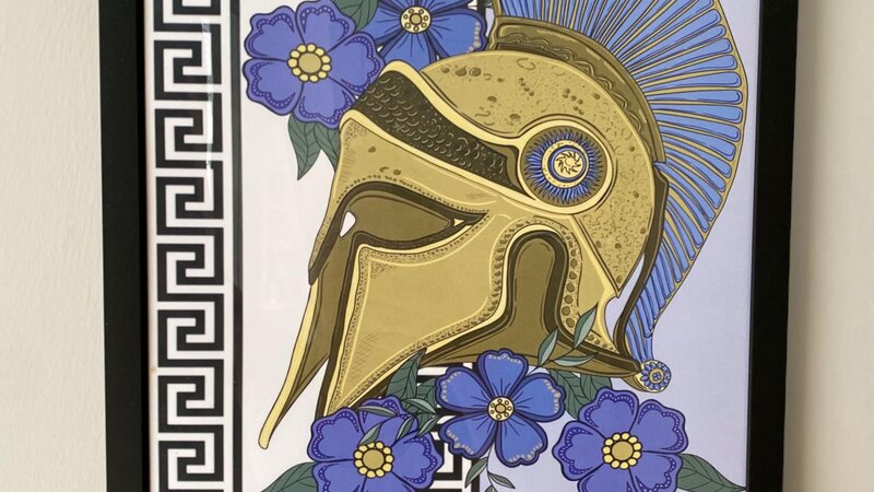 Spartan war helmet and American traditional flowers, digital drawing printed on paper 