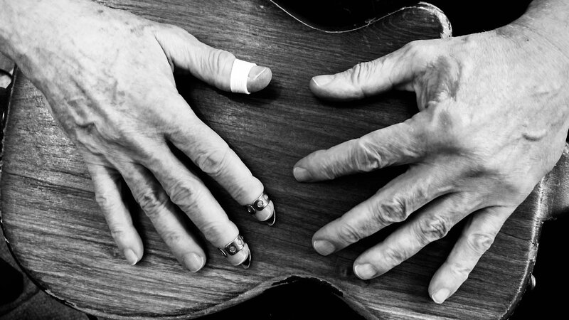 Photo of guitarist Tom Gray's hands, September, 2021
