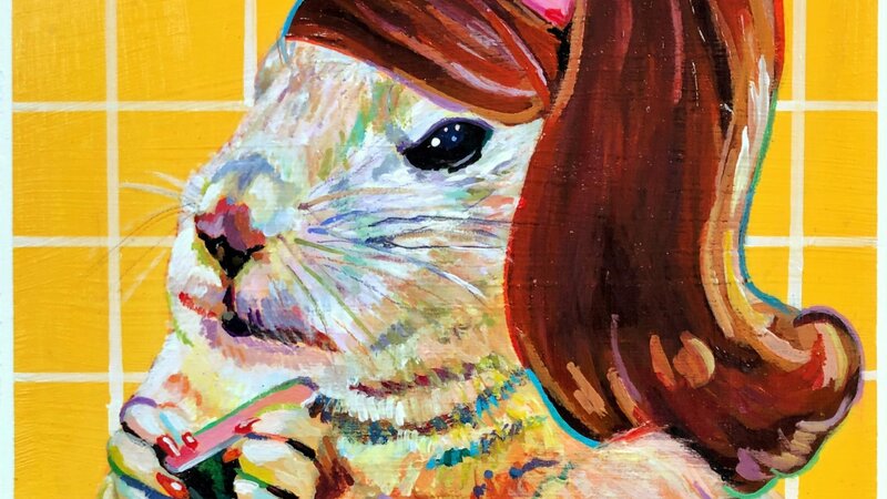 A prairie dog with a mid century auburn hairstyle. She's filing her nails. 