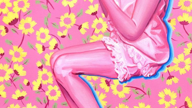 A mid century woman from the shoulders down, sitting. But she's not sitting on anything, it's just a seated pose. She's pink monochromatic, holding a cigarette. The background is pink with yellow flowers. 