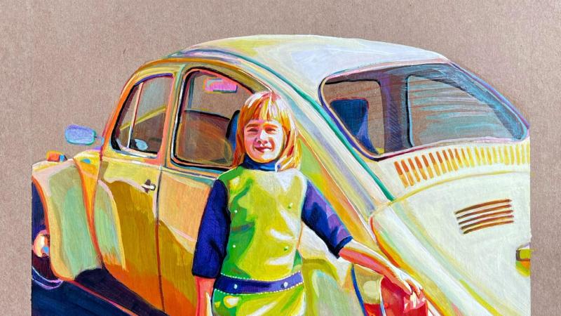 A colorful, mixed media piece of a little blonde girl in front of a mid century yellow beetle car. The background is cardboard material. 