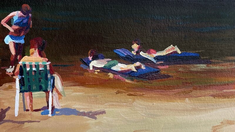 A brushy, figurative pairing of a mid century family at a lake. A woman is getting out of the water, two boys are further back on rafts, and a teenager has his back to the camera and is sitting in a green folding chair. 