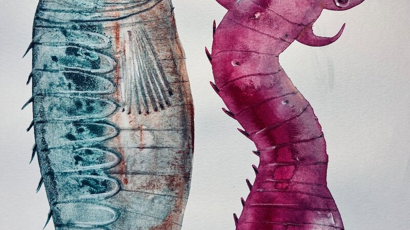 Two fishes. Painting in gouache, December, 2024.