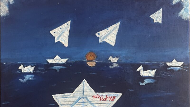 origami sunset with paper planes , boats and swans