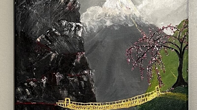 Japanese style painting of high mountains with a golden bridge to a verdant weeping cherry