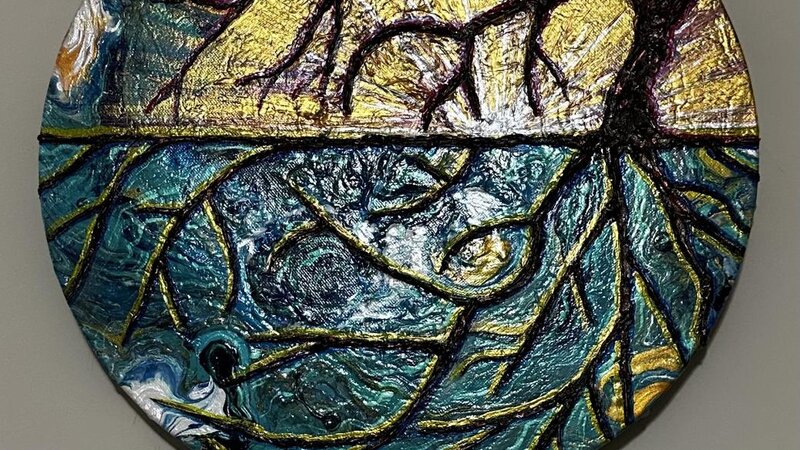 Round Tree of Life rooted in planet Earth with an iridescent sunrise at the horizon 