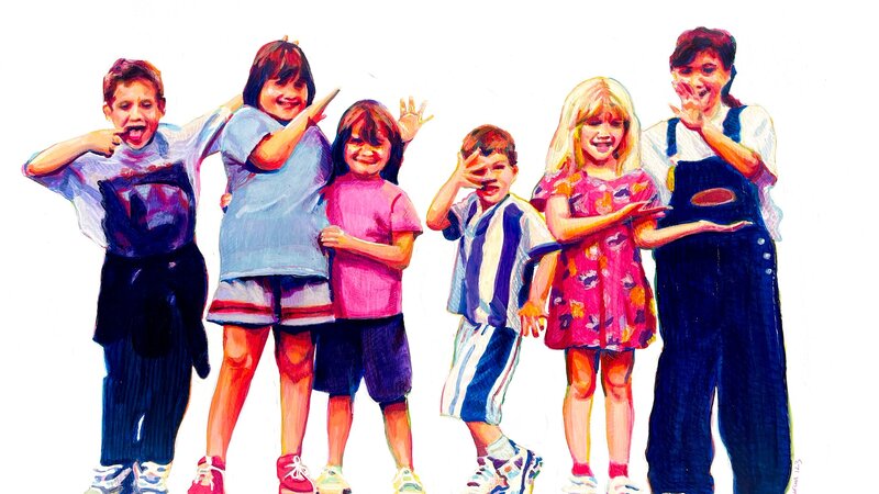 White background with a lineup of six kids from ages four to 10. They are making goofy faces and dressed from the early 2000s. 