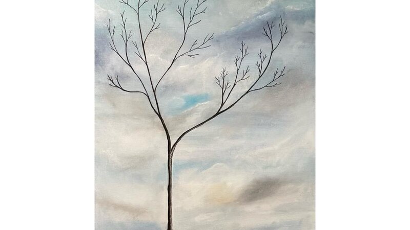 Lone tree on cliff. Two moons in a moody sky watching over. 