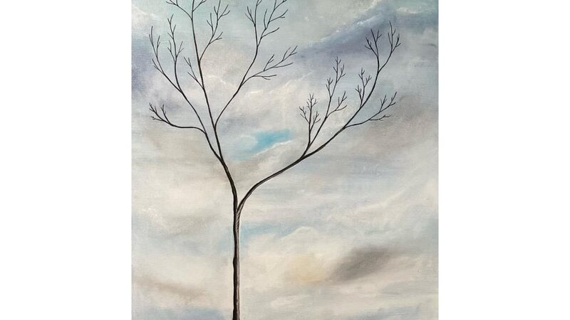 Lone tree on cliff. Two moons in a moody sky watching over. 