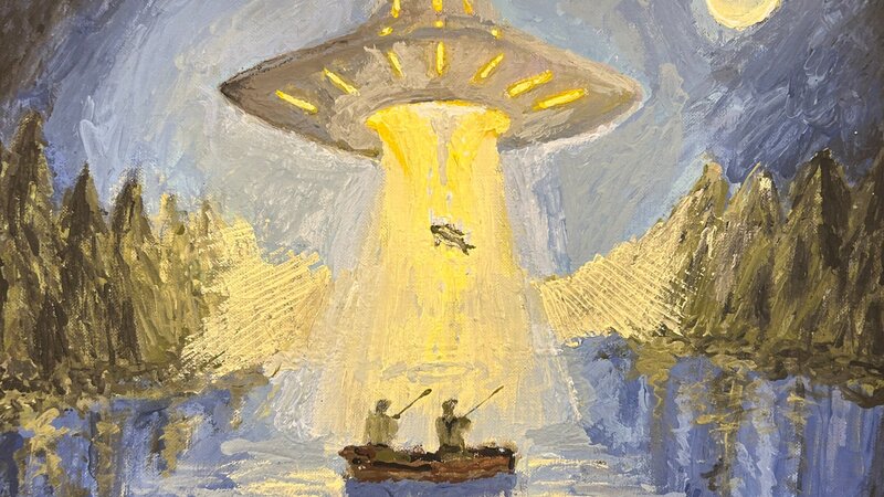 A flying saucer abducts two anglers' catch away from them.