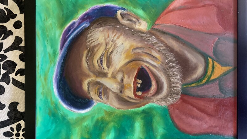 Chinese old man mouth open smile with three teeth 