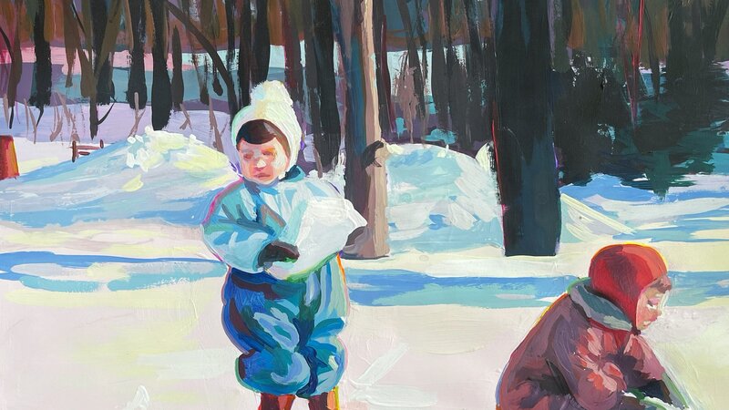 Two mid century children playing in the snow. The girl is holding a big snow chunk while the boy in a red snow suit bends down to pick up more snow. There are trees in the background. 