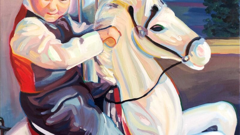 A brushy, dreamy oil painting of a little boy in the 1960s riding a white rocking horse. 