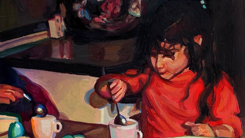 A little mid century girl dipping her Easter egg into the dye. She is very concentrated. The painting is dark and contrasty, giving an old camera vibe. 