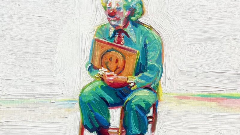 A chunky oil painting of a sad clown dressed in teal. He is seated on a little red chair, holding up a sign of a smiley face. But he's clearly sad. 