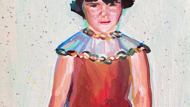 A little mid century girl wearing a bear ballet costume in preparation for a recital. She doesn't look thrilled The background is very pale green. 