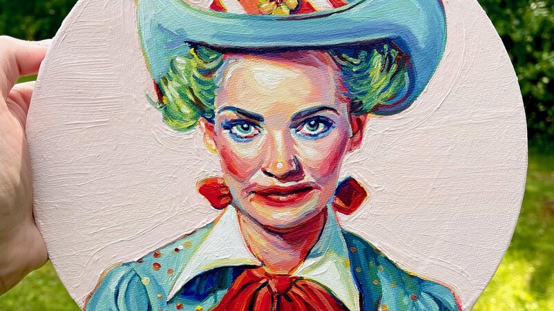 A mid century looking female rodeo clown on a round canvas. Her makeup is smudged. She's not terrifying, but a little off putting. Her hair is green and she has a teal cowboy hat with a yellow flower on the brim. 