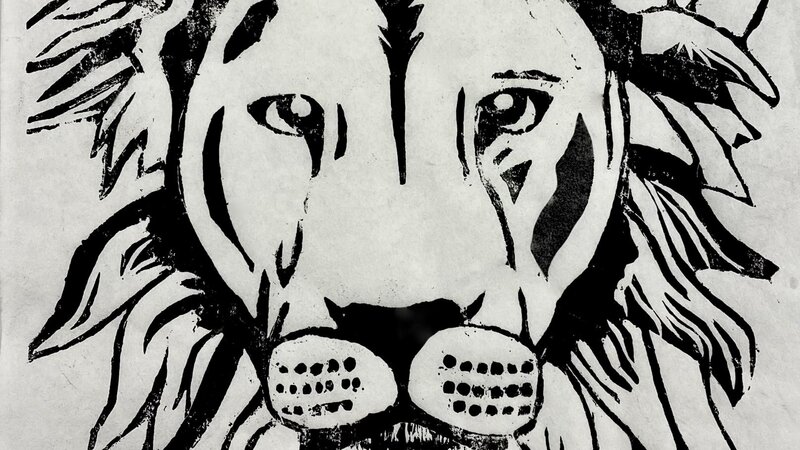 Japanese Style WoodBlock Carving of a Lion profile printed with black ink on sheet of rice paper