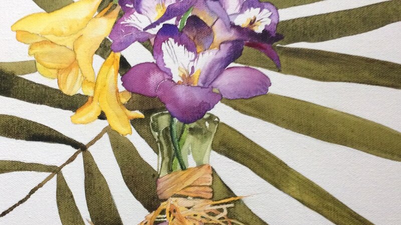 Freesias in small vase watercolor on canvas 12”x12”