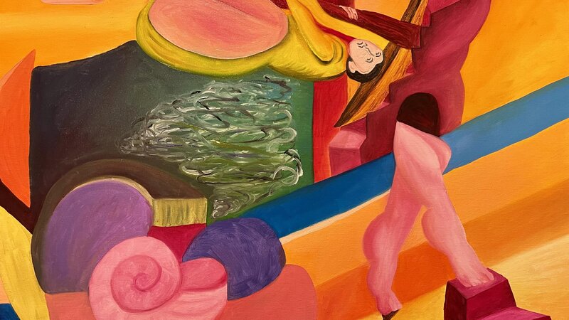 Abstract oil painting of orange and yellow background, pink conch shell in left bottom corner, legs coming out a stairway on the right and stepping onto another stairway in the bottom corner, and an individual hanging from a pole on the top left. The pole is coming out of the stairway that the legs are coming out of. 