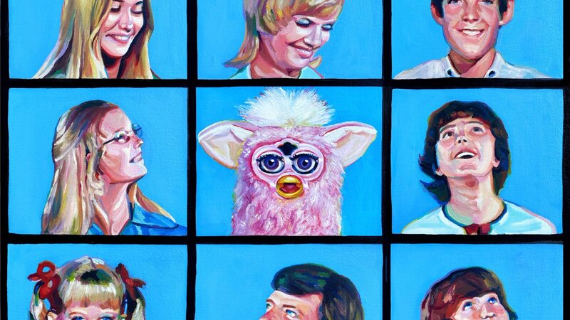 An oil painting of the Brady Bunch title screen, but a Furby is in the center in place of Alice. 
