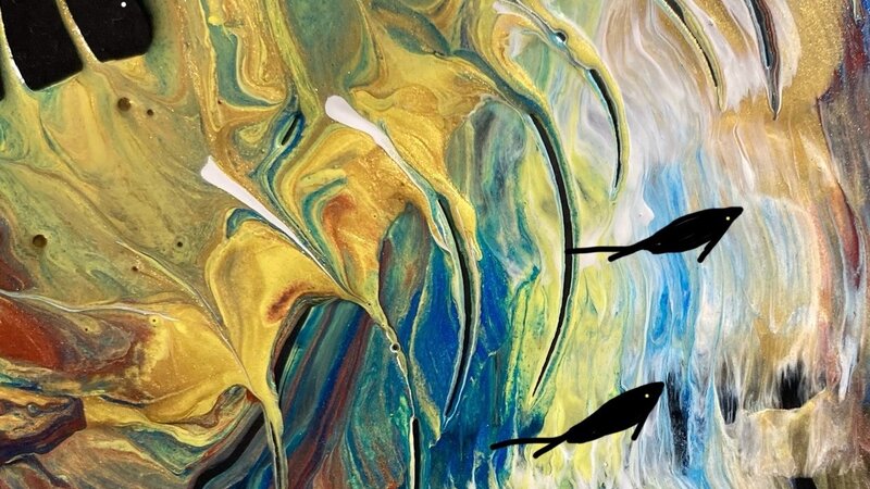 Acrylic paints rolled with ink brayer on black surface.