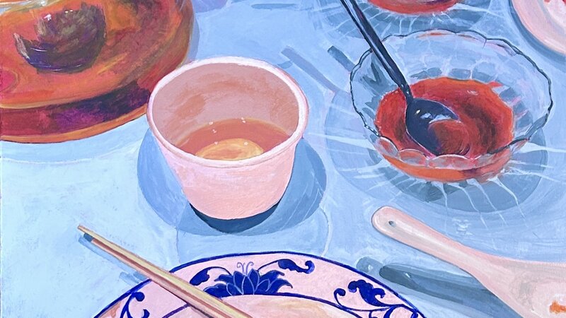 Dim Sum Memories is a painting of the empty plates and dishes remaining on our table after brunch.