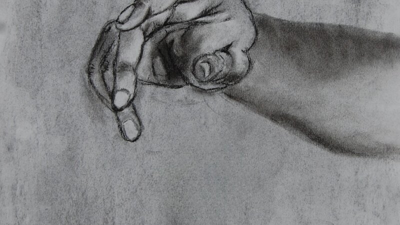 Charcoal drawing of a hand extended to the viewer, as if it is reaching for something.