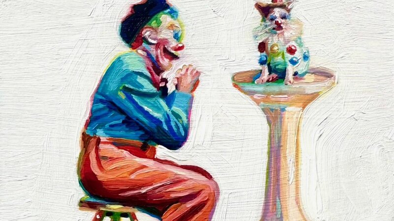 A chunk oil painting of a clown on a stool admiring his clown cat, which he has propped up onto a pedestal. 