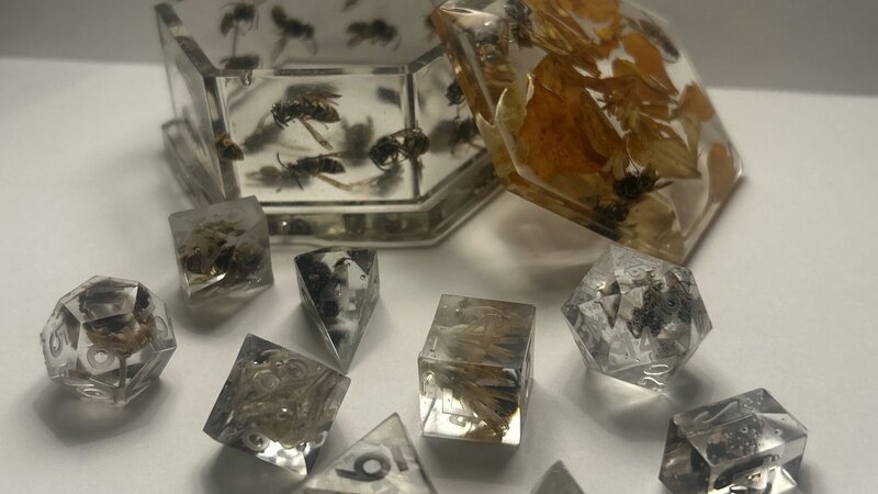 An open box, and set of dice, each carrying within a tiny wasp or bee.