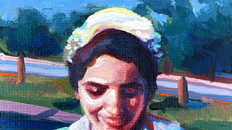 A mini painting of a mid century white woman in a purple dress close to the camera. She's looking down. 