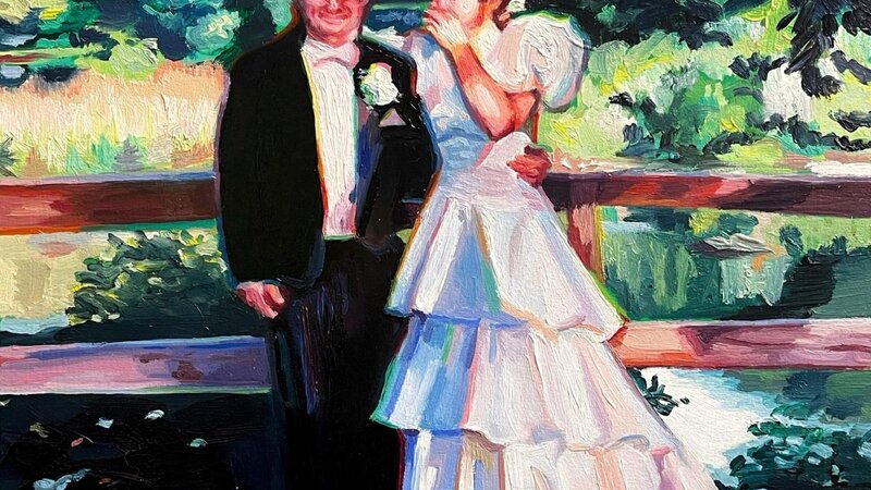 A couple from the 1980s on their wedding day. They are in front of a beautiful lake with lots of greenery. The paint is chunky and colorful oil paint. 
